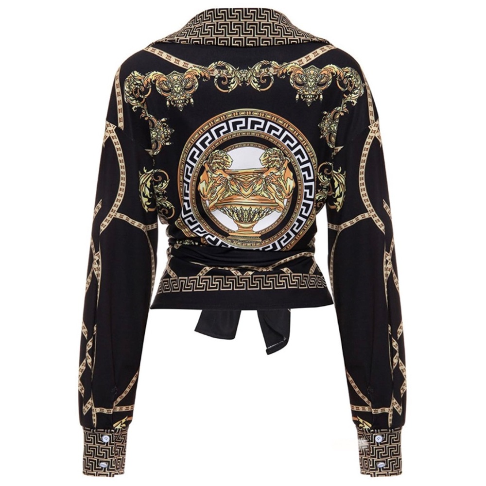 Elegant Black and Gold Women's Blouse Versace like baroque print